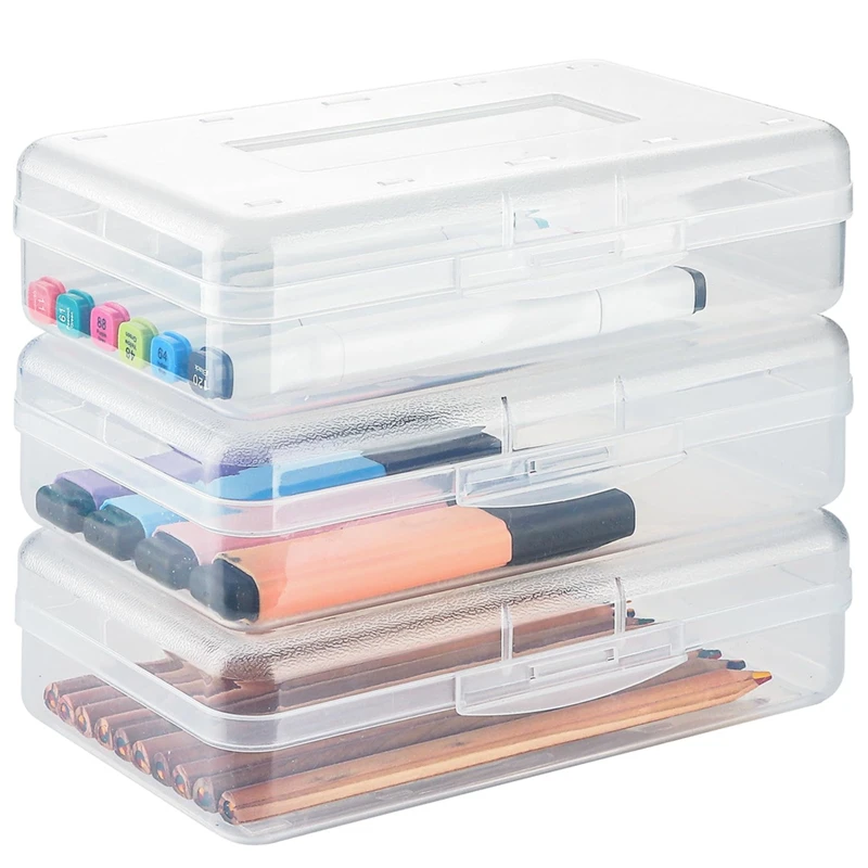 Top-Clear Pencil Box, 3 Pack Large Hard Pencil Case Organizer, Plastic Supply Box For Crayon Brush Painting School Supplies