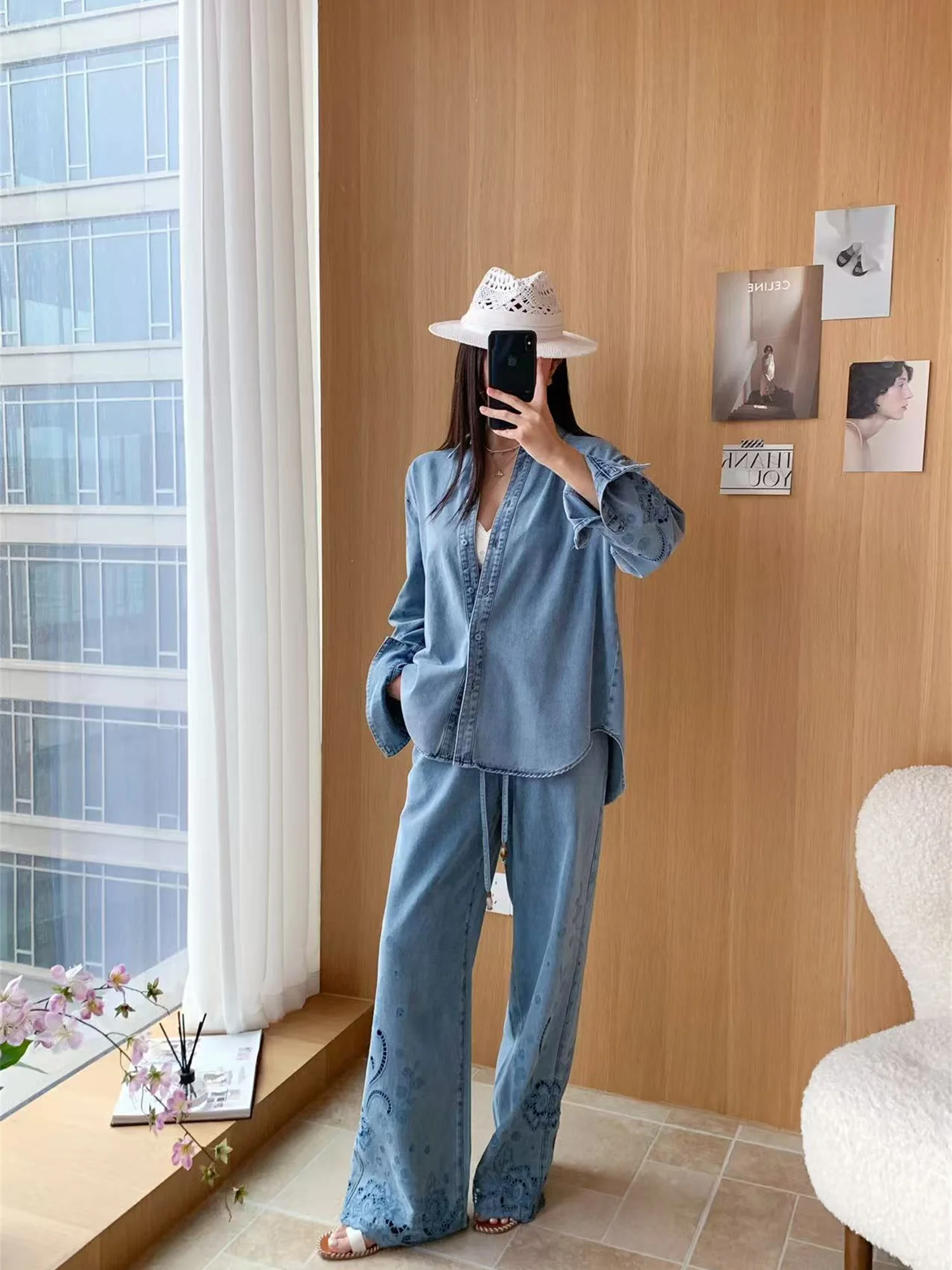 

Blue Embroidered Cotton Linen Denim Shirt Casual Loose Fit Long Sleeve Women's Comfortable Breathable Spring Fashion Jeans