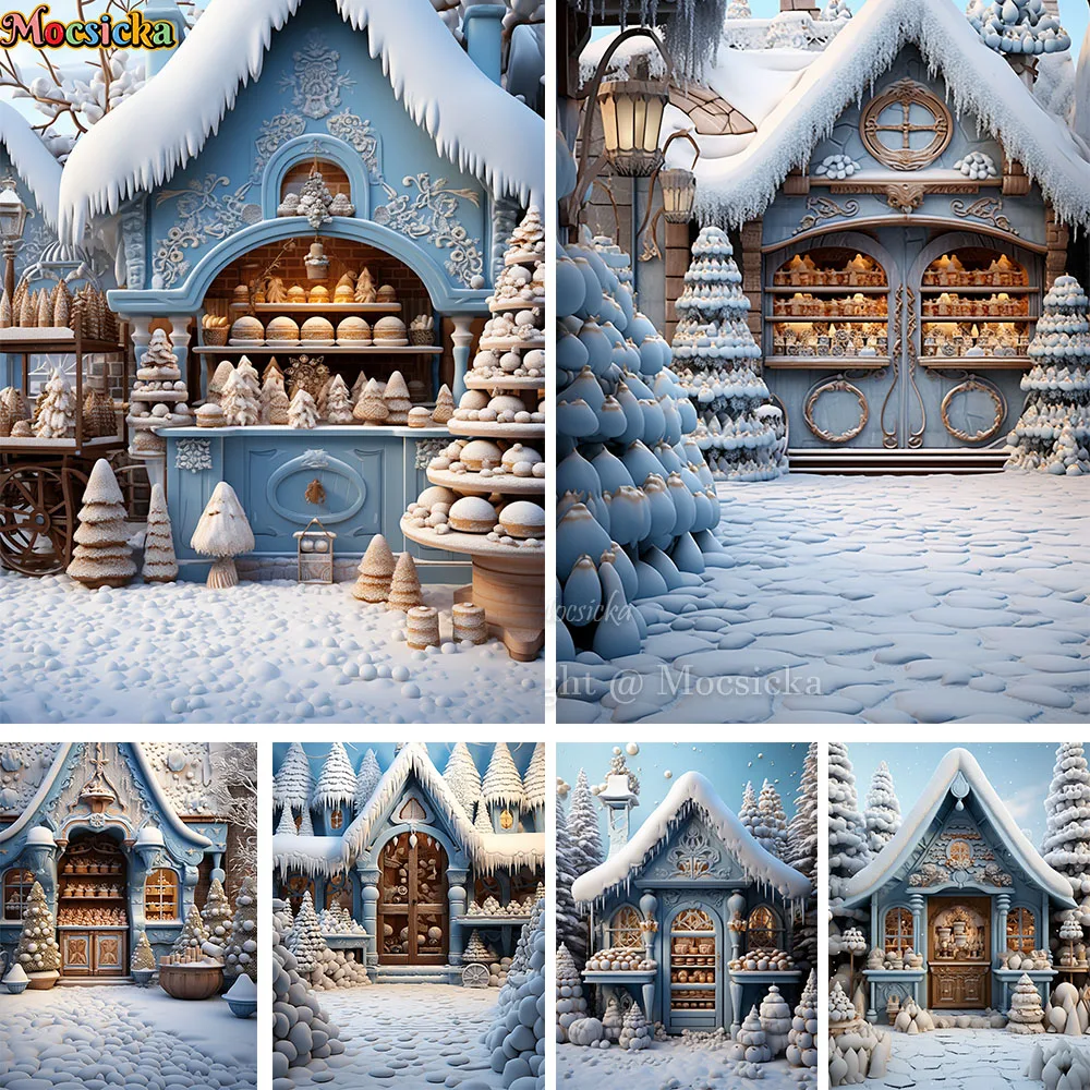 Mocsicka Blue Christmas Background Snowy Dessert Shop Winter Snow Fairy Wonderland Backdrop Photography Baby Family Photo Studio