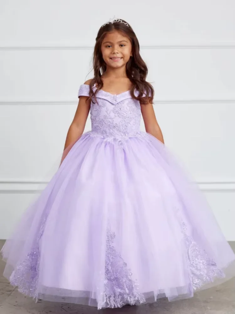 Purple Cute Flower Girl Dresses Tulle Satin Flory Appliques Sleeveless For Wedding Birthday Party Banquet First Communion Gowns