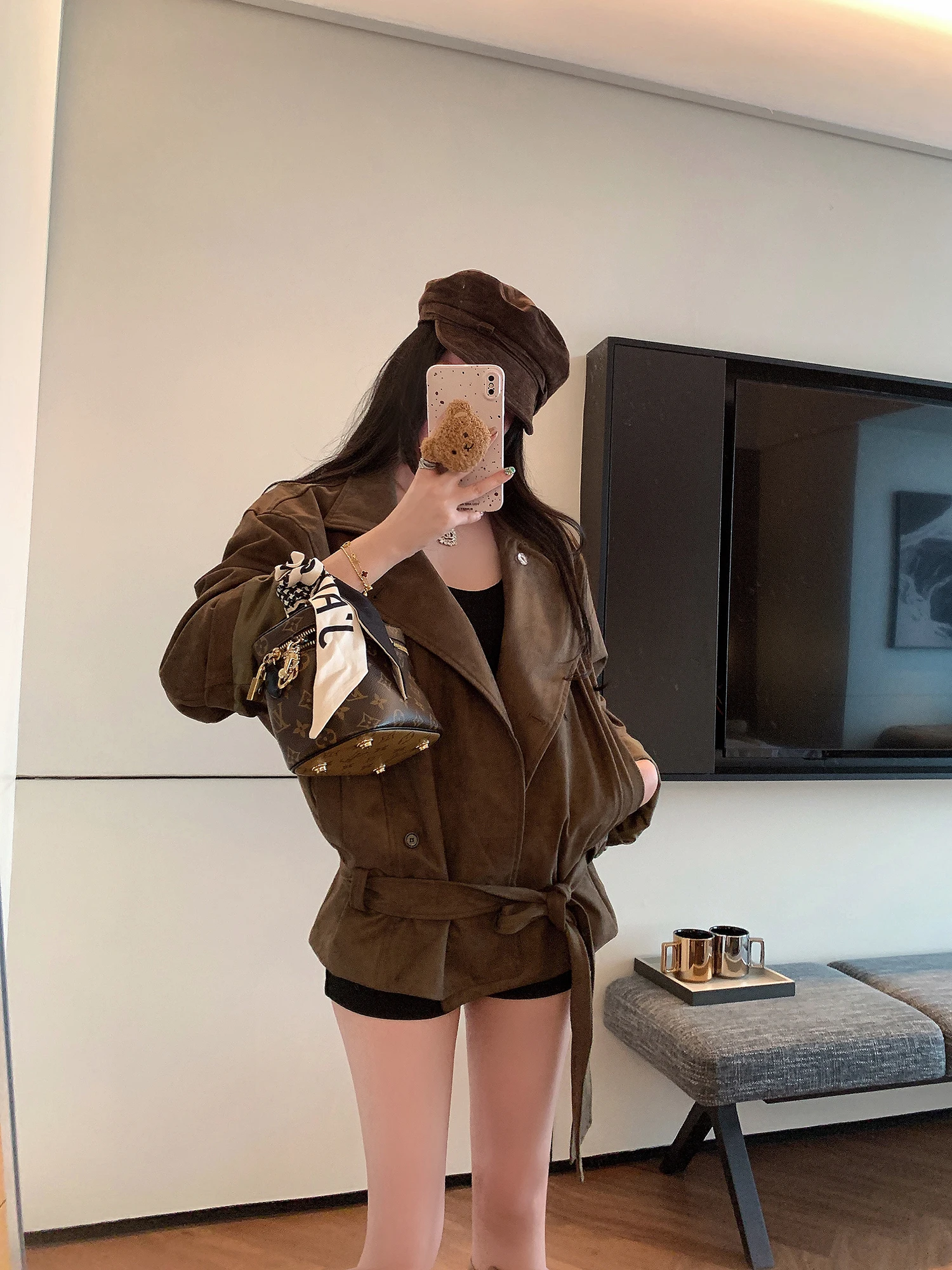 

NAYA CHAN Autumn New Sle Vintage Suede Windproof ort Loose Women's Jaet Casual Sle Button Closure Polyester Fabric