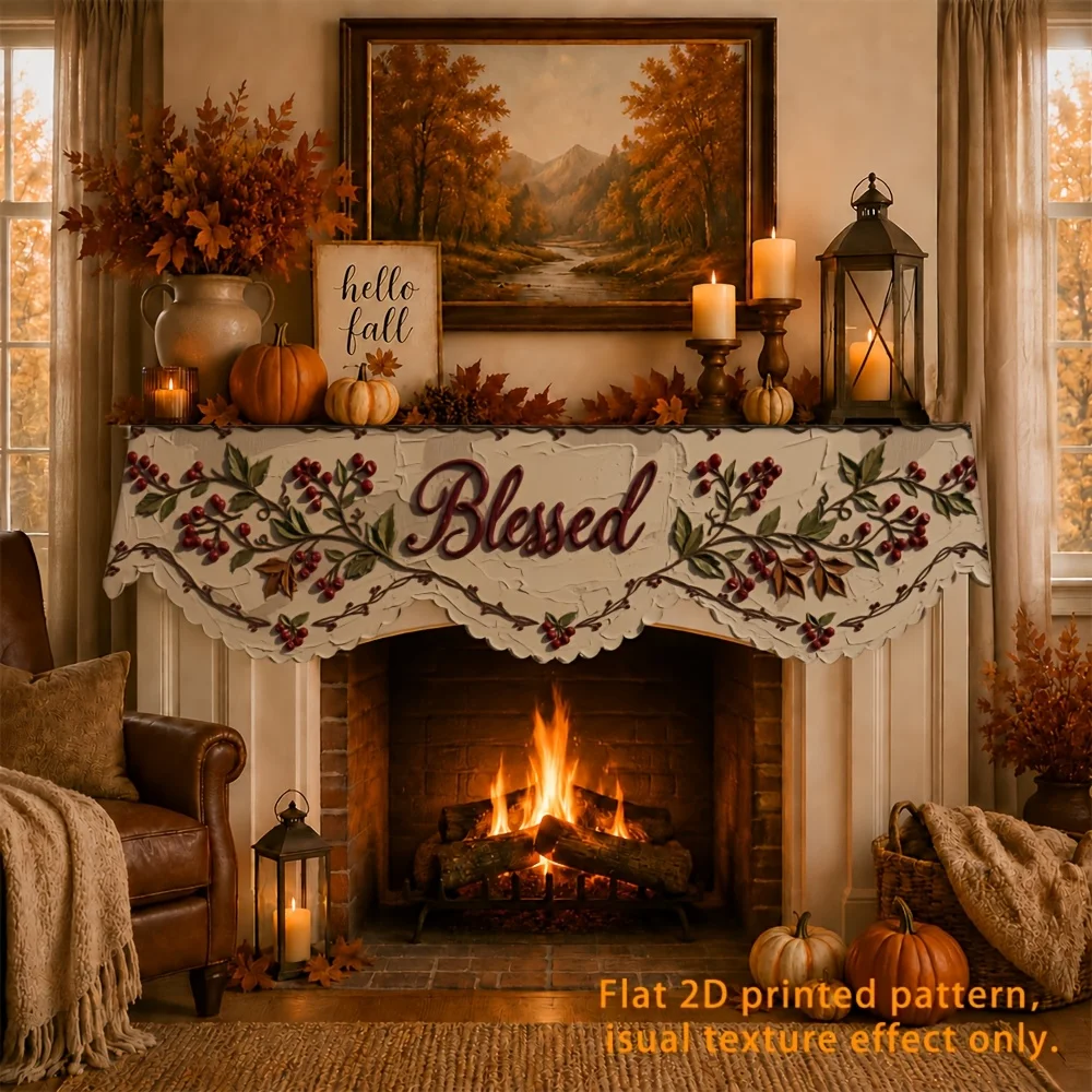 VIKAMA Thanksgiving Fireplace Mantel Scarf Blessed Berry Leaf Mantel Topper Fall Fireplace Shelf Cover Harvest Home Decor