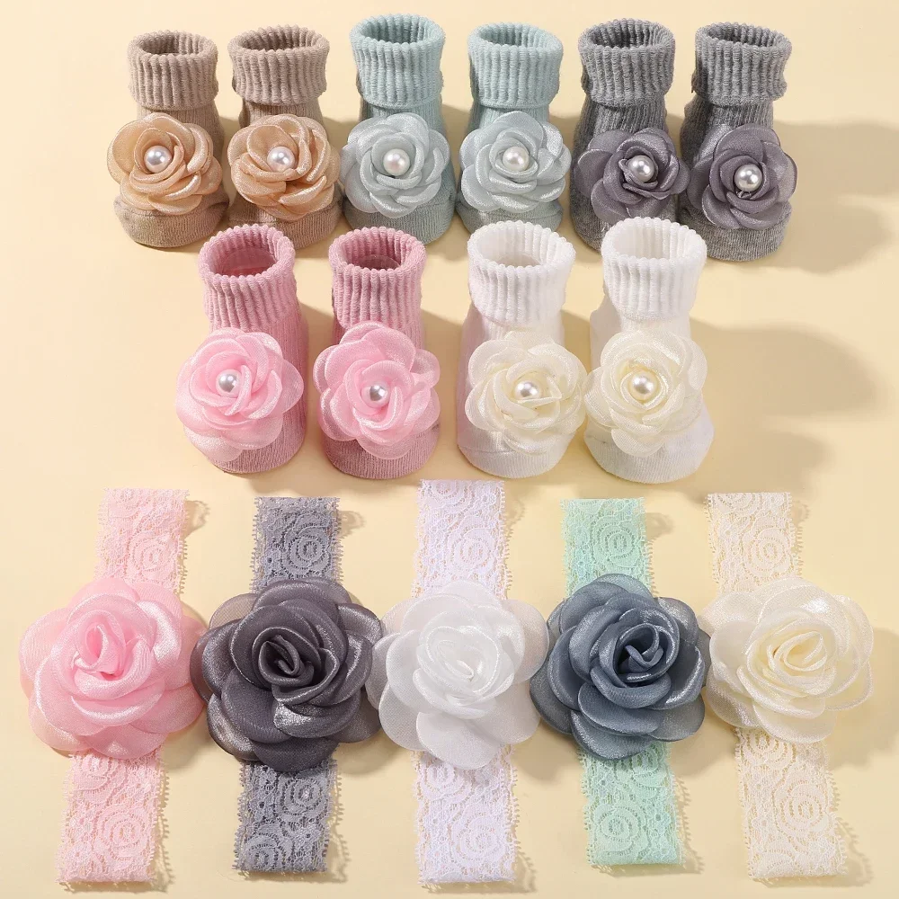 Sweet Lace Rose Flower Baby Socks Hair Band Set Infant Toddler Non Slip Breathable Short Socks Newborn Headband Sets Gift 2024