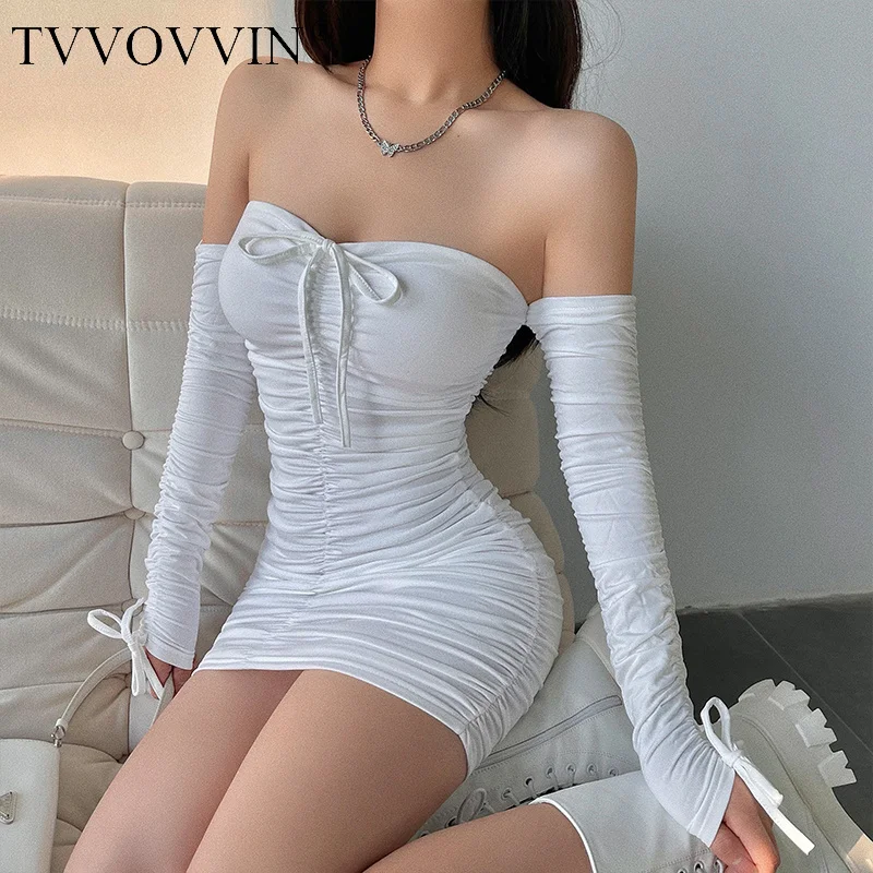 TVVOVVIN Sexy Tight Thin One Shoulder Strapless Lace Up Pleated Buttocks Long Sleeve Dress Short Hot Fashion Korean Tops F9DO