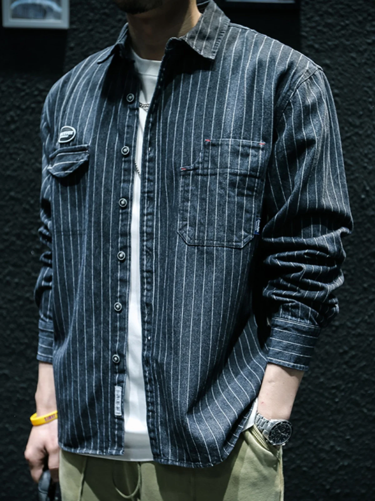 American Style Heavyweight Striped Denim Shirt Men's Long Sleeve Loose Workwear Shirt Spring Autumn Outerwear for Men