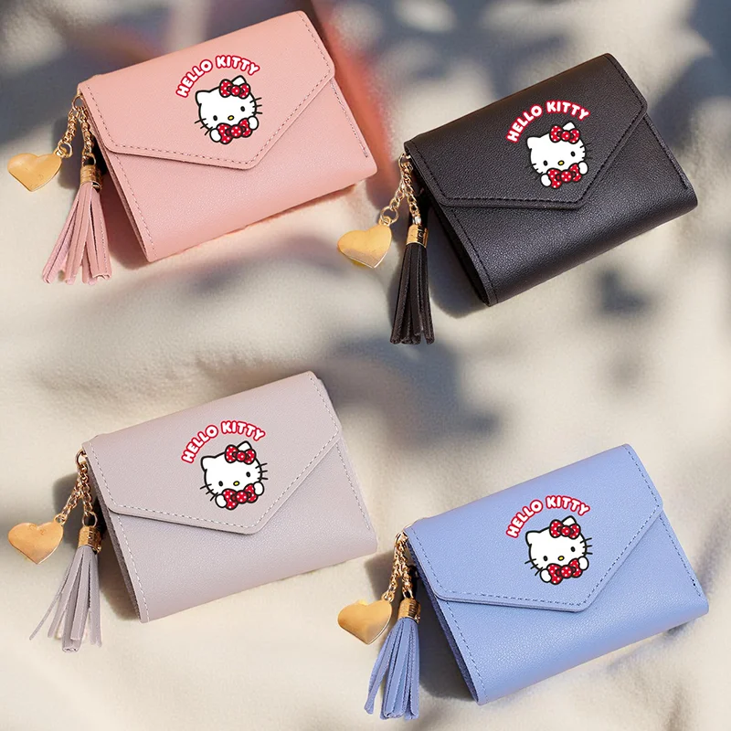 헬로 키티의 귀여운 태슬 장식 지갑 인조 가죽 다기능 지갑, 만화 짧은 지갑 동전 지갑 플랩 카드 케이스