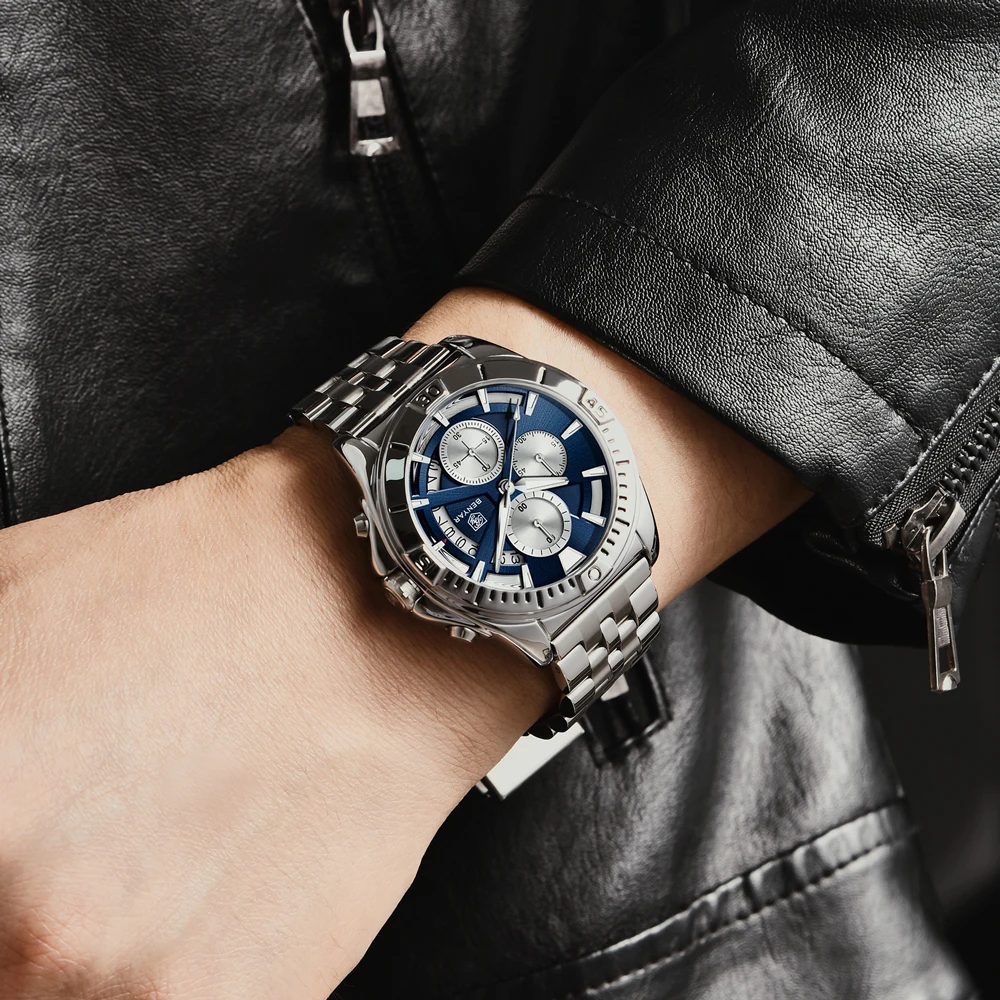 2025 جديد BENYAR ساعات كوارتز رجالي العلامة التجارية الفاخرة كرونوغراف سرعة الرياضة ساعة للرجال الفولاذ المقاوم للصدأ ساعة مقاومة للماء هدية