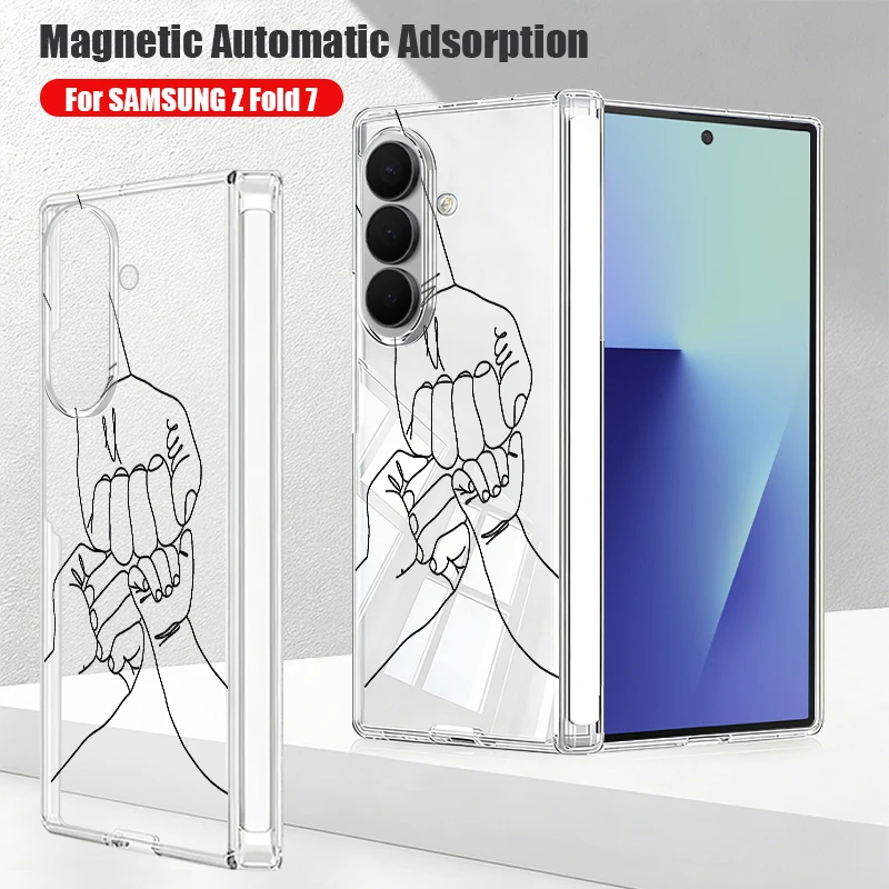 Clear Magnetic Auto Adsorption Case For Samsung Galaxy Z Fold 7 6 5 Fold7 Fold6 Fold5 5G Creative Pattern Hard PC Back Cover