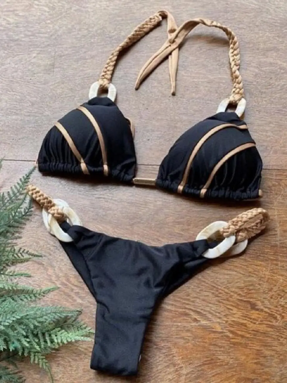 RUOTONGSEPT-Maillot de bain noir pour femmes, ensemble deux pièces, soutien-gorge push up, culotte tanga, sexy, patchwork, dos nu