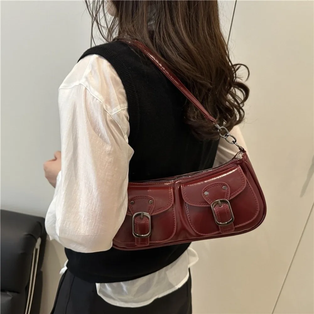 

Chic Vintage Women's Armpit Bag Double Pockets Y2k Pu Leather Shoulder Bag Leisure Harajuku Zipper Handbag Female