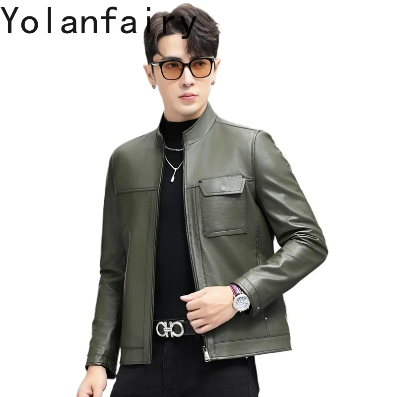 YOLANFARIY Genuine Leather Jacket Men Autumn Clothes Motorcycle Jackets Business Casual Coat Top Layer Cowhide Coats for Man