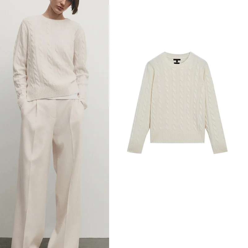 Sweet Lady Commuter Style Knitted Sweater round Neck Twist Weave Long Sleeve Polyester Fiber Regular Length Winter Fashion
