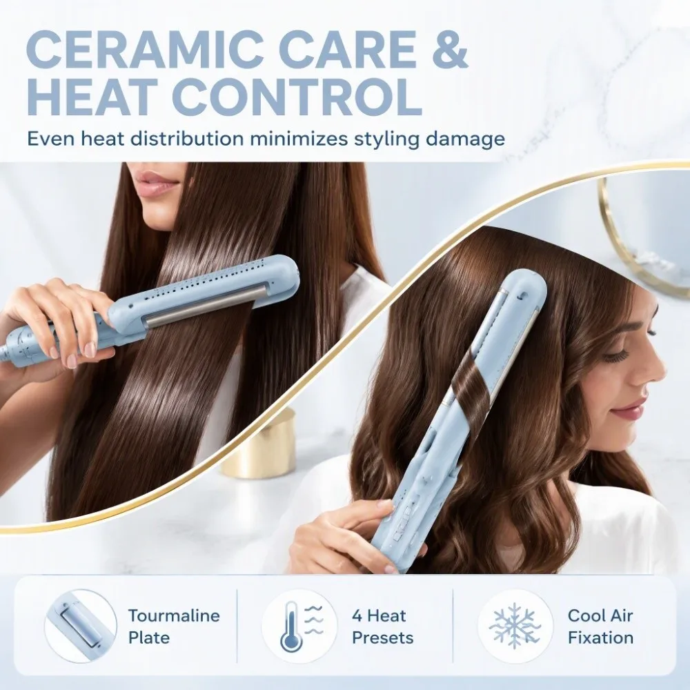 Portable Hair Straightener Dual Use Low Power Curved Hair Straightener Tourmaline Ceramic Coated Plates Long Lasting Flat Iron