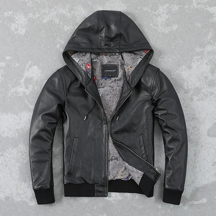 

LNY!Wholesales.Plus brand new genuine leather hoodies.wholesales men black cowhide jacket.Plus size quality leather coat