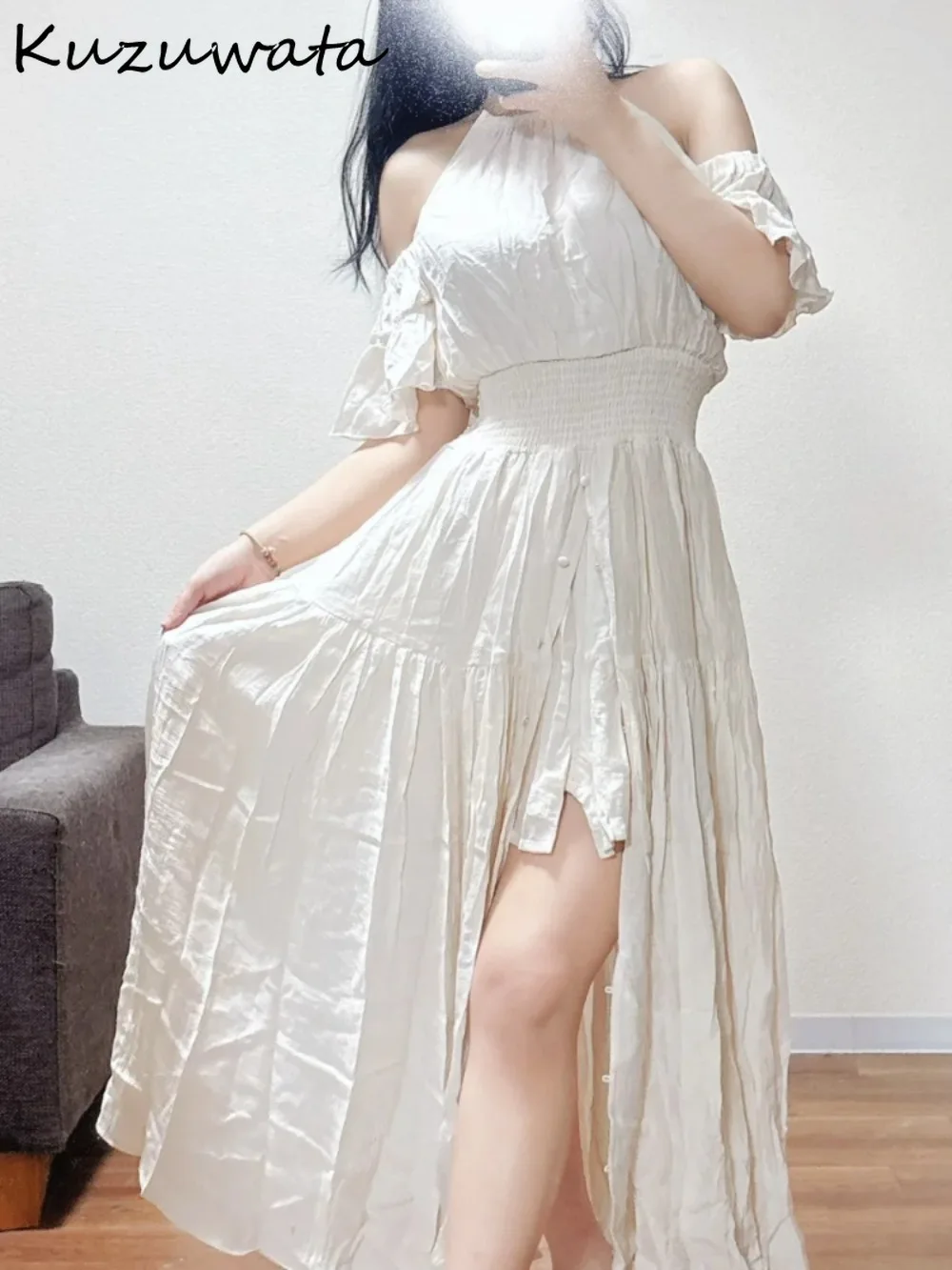 

Kuzuwata Fairy Exquisite Literary Sweet Halter Dress Elegant High Waist Flare Sleeve Off Shoulder Slim Robe Japan Elegant Mujer