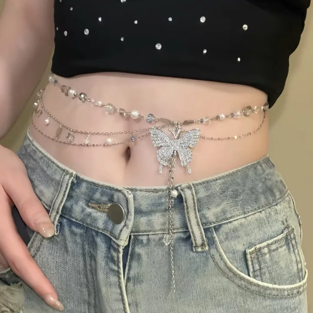 Y2K Butterfly Waist Chain Multi-layer Geometric Metal Belly Chain Body Jewelry Minimalist Bohemian Body Chain JK Accessory