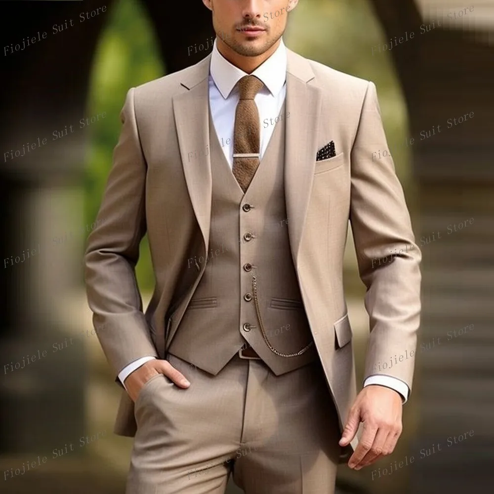 

Fashion Khaki Men Suit Business Tuxedos Formal Occasion Groom Groomsman Wedding Party Prom Male 3 Piece Set Blazer Vest Pants