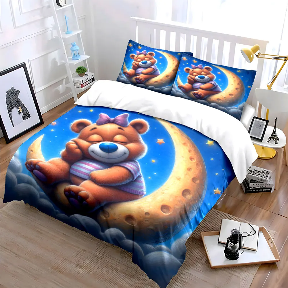 Sweet Dreaming Bear on Moon Print Bedding Set 1 Duvet Cover 2 Pillowcases for Adult and Children Luxury Gift Full Size