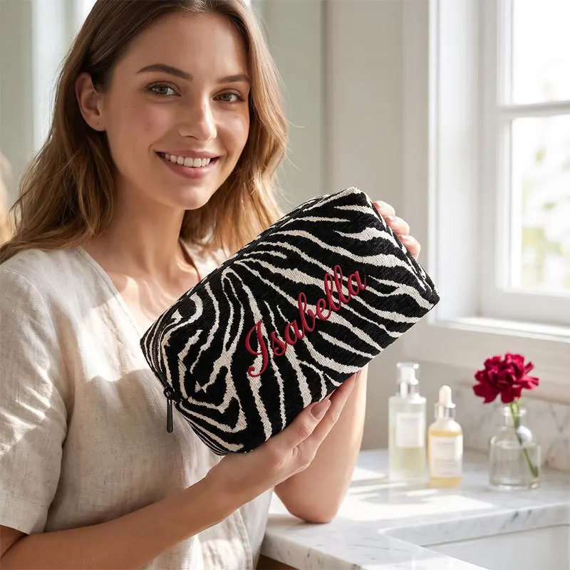 Zebra-patterned makeup bag, Korean style, large capacity, simple design, travel toiletry bag, color-block striped canvas