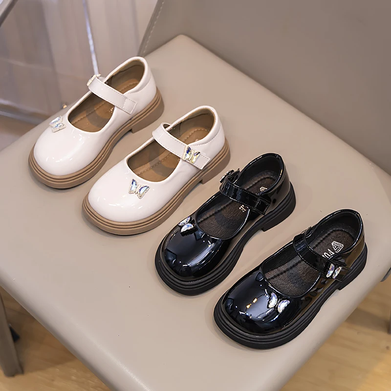 Mocasines de cuero negro brillante para niños y niñas, zapatos de uniforme escolar con perlas y punta redonda, fáciles de combinar, primavera y otoño