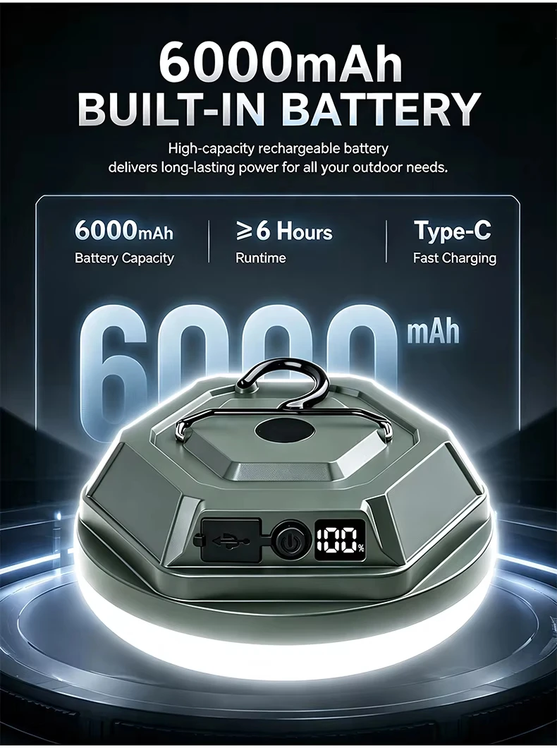 6000mah Camping Light Rechargeable Outdoor Tent Lights Type-C Magnetic Suction Powerful Flashlight Work Repair Fishing Lantern