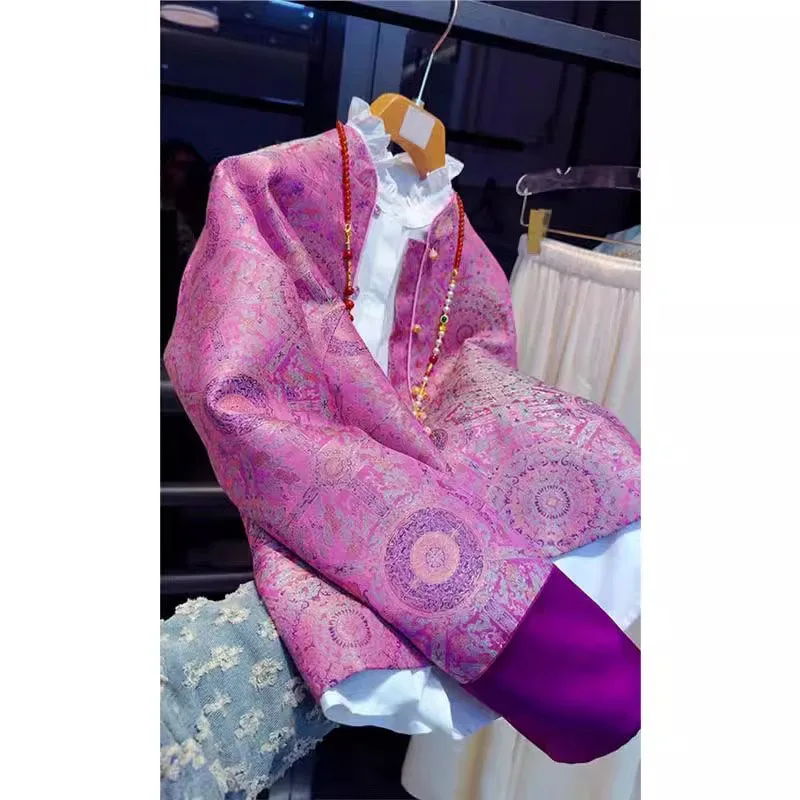 

Женская джинсовая куртка Ele Purple с цветочным принтом Faion Spring 2026, свободный крой, однотонный длинный свеч без пуговиц