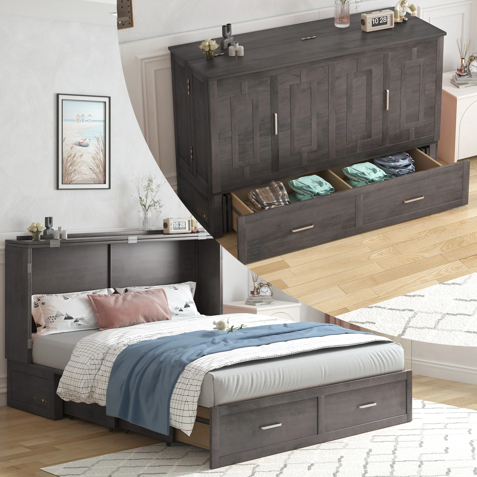 Murphy Bed with Tri-Folding Mattress,Modern Cabinet Bed with Storage Drawer & USB Charging Station, Solid Wood Cube Cabinet Bed