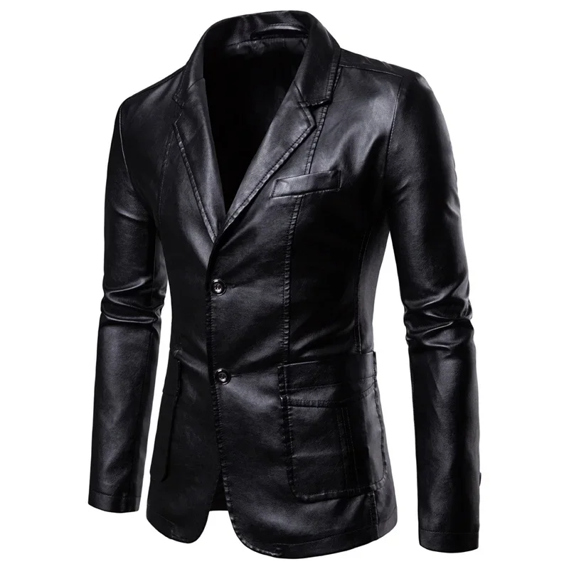 New 2024 Men\'s Leather Dress Suit Jacket Solid Formal Business Office Blazers Jacket Male PU Leather Blazers Jacket Men Clothing