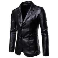 New 2024 Men's Leather Dress Suit Jacket Solid Formal Business Office Blazers Jacket Male PU Leather Blazers Jacket Men Clothing