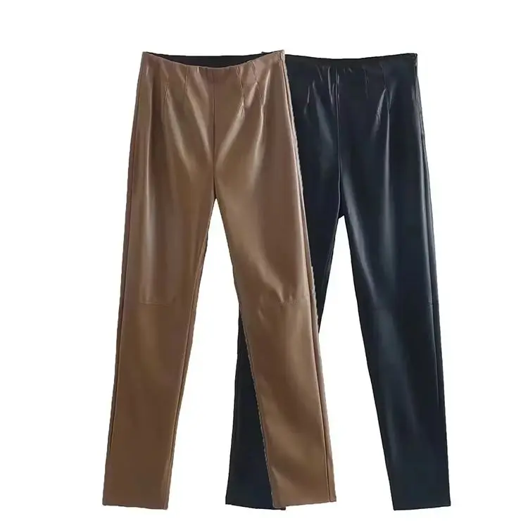 Moda Otoño Invierno 2023, pantalones de piel sintética de cintura alta para mujer, pantalones pitillo elásticos con cremalleras de PU para mujer