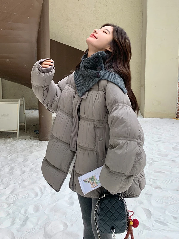 니트 스탠드 칼라 브레드 슬레 다운 자켓 여성용 오트 써 따뜻한 아우터웨어 캐주얼 루즈핏 화이트 듀 다운 충전재