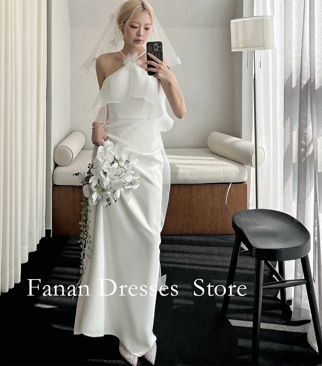 FANAN Halter Neck Bow Sleeveless Ivory Wedding Dress Ruffle Cape Sleeve Chiffon Simple Sheath Long Bridal Gown