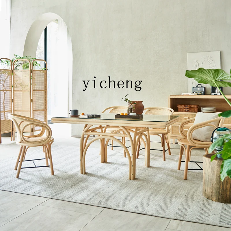 

Full Rattan Dining Table Creative Homestay Natural Rattan Woven Dining Table and Chair Set Hotel Restaurant Rectangular Table