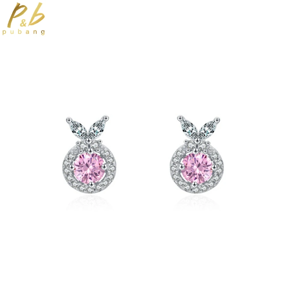 

PuBang Fine Jewelry Solid 925 Sterling Silver Pink High Carbon Diamond Simple Stud Earrings for Women Wedding Gift Drop Shipping