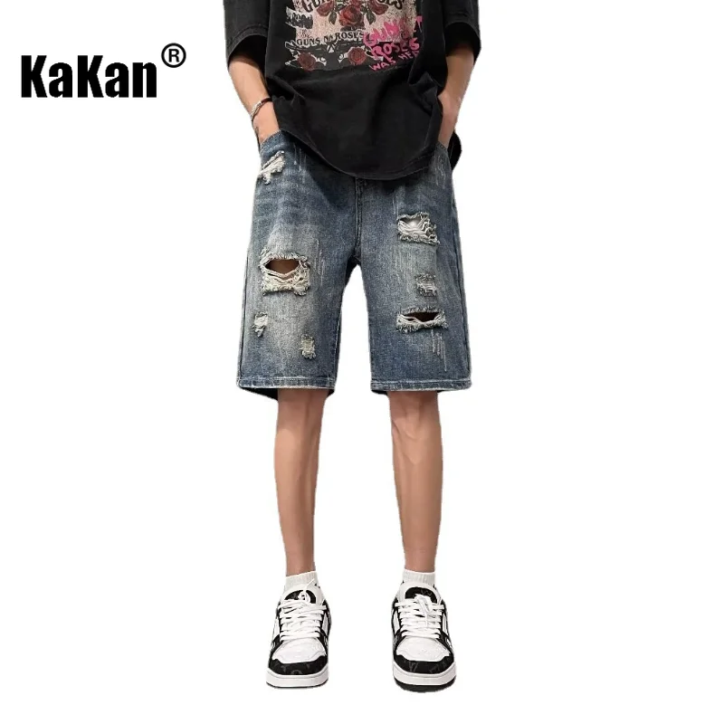 Kakan - New Summer Distressed Denim Shorts for Men, Korean Version Trendy and Versatile Straight Fit Quarter Pants Jeans K58-S13