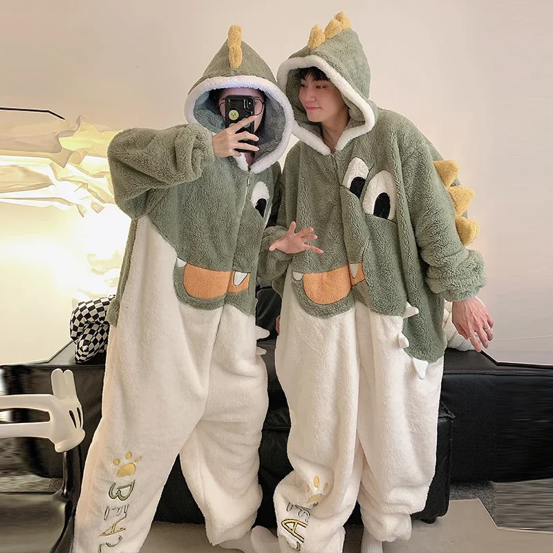 Kigurumis dinosaur pajamas jumpsuits women sleepwear adult men homewear couples hooded pyjamas thick onesie velvet zipper