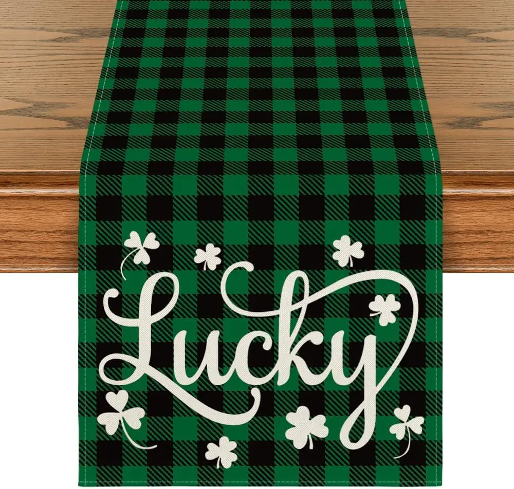 Buffalo Plaid Lucky Clover Shamrock Table Runner Seasonal St. Patrick's Day Holiday Kitchen Dining Table for Home Party Decor