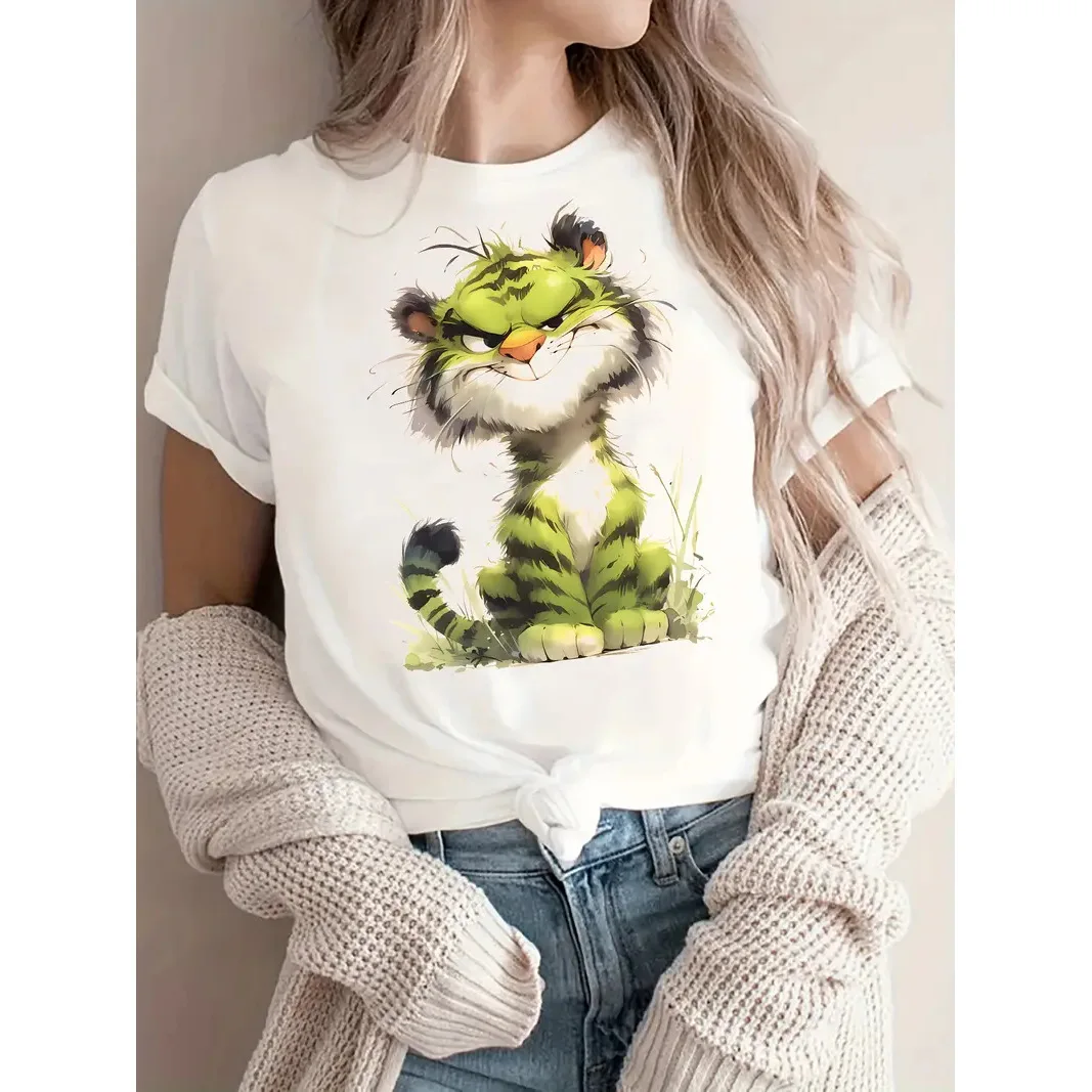 Women Cute Laughing Cat Graphic Print T Shirt Round Neck Short Sleeve Casual Summer Animal Pattern Ladies Tees Streetwear