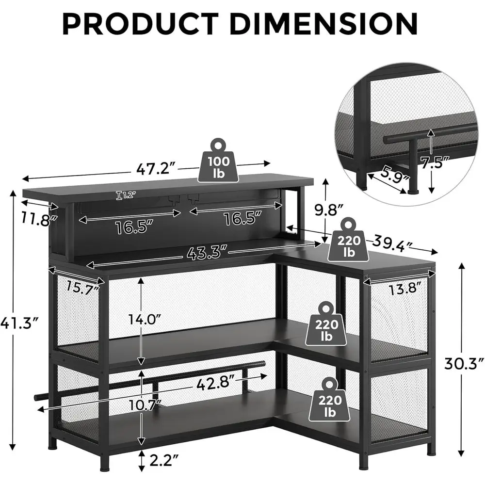 Black L-Shaped Home Bar with Wine Glass Holder, LED Light, Storage Shelves, and Footrest for Kitchen & Dining, Pub Use