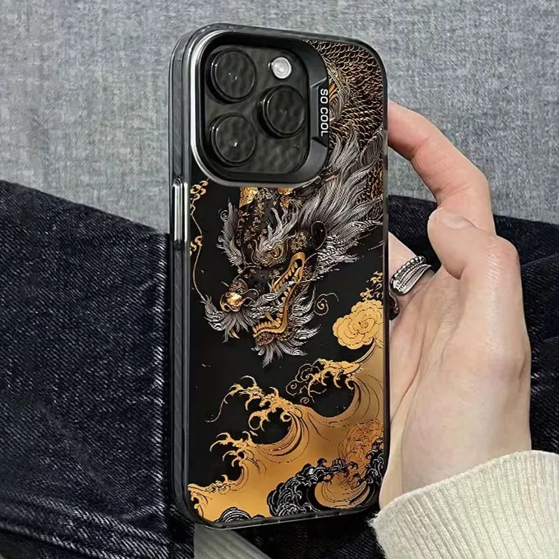 Phone Case for Xiaomi Redmi Note 14 13 12 11 Pro Plus 4G 5G 12S 11S 10S 13C 14C 15C  Black Golden Dragon Pattern Plating Cover