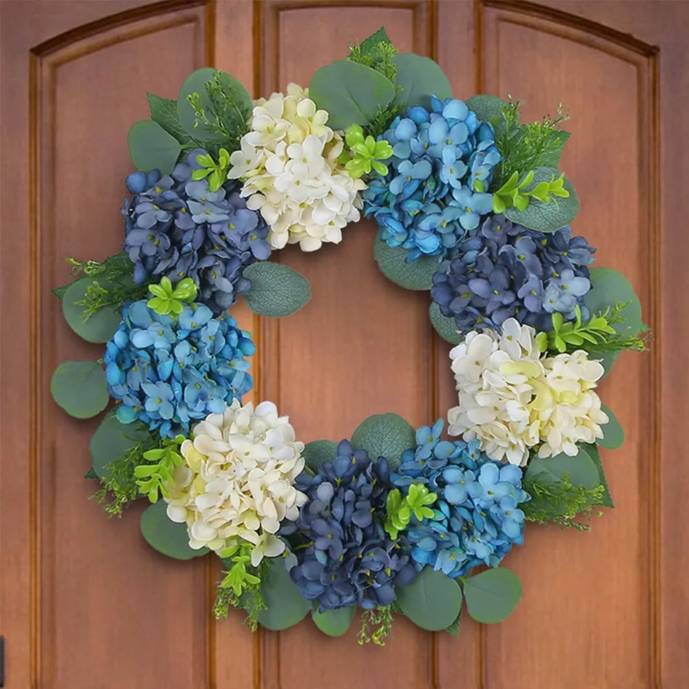 

Blue Hydrangea Wreaths Artificial Flowers for Front Door 15.75in Summer Hydrangea Wreath for Front Door Outside Farm