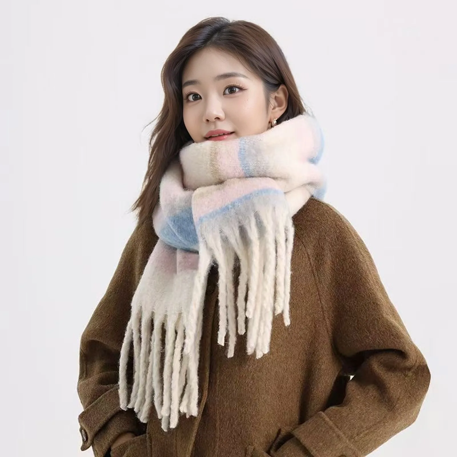 

Зимний женский шарф, высококачественная цветная шаль с кисточками, теплый и универсальный, атмосферный полосатый шарф.