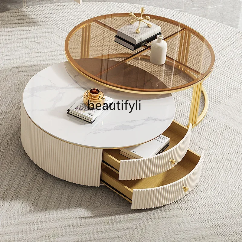 Light Luxury Stone Plate round Tea Table Small Apartment Modern Living Room Glass Coffee Table Living Room Home