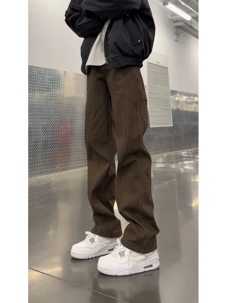 

American Vibe Men's Slanted Cut Jeans High Street Sle Winter Faion Slimming Carpenter Work Pants Zipper Waist Straight Leg