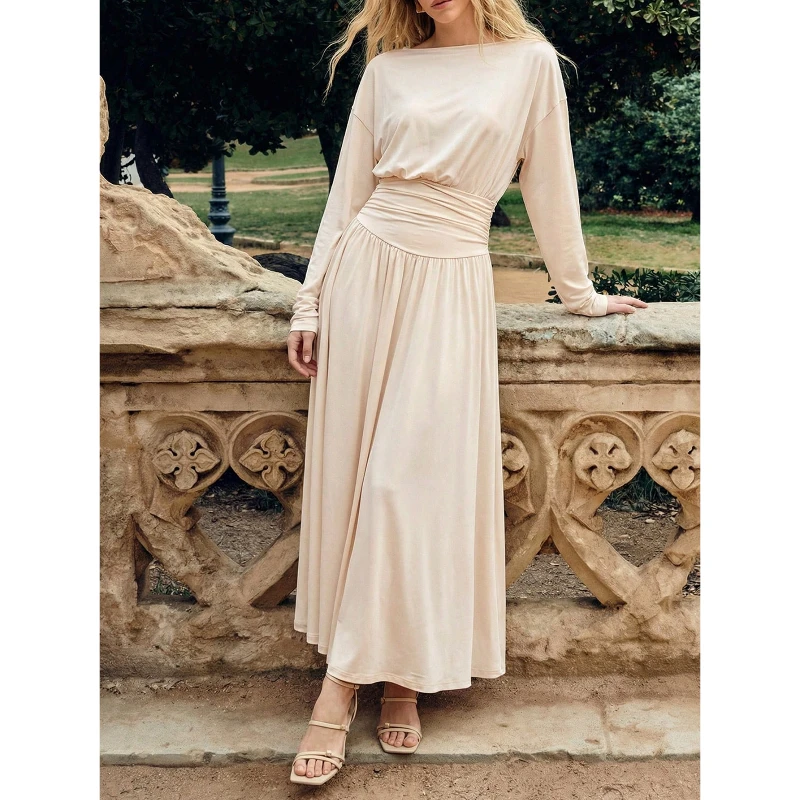 Korea New Chic Women Autumn Chill Dress, Solid Color Crew Neck Long Sleeve Dress, Elegant Waist Cinched Slim Fit Dress