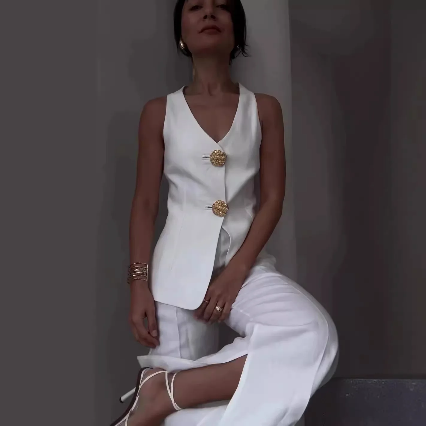 Setelan Rompi Tanpa Lengan V Neck dengan Celana, Pakaian Elegan Wanita Musim Semi Musim Panas dengan Kancing, Setelan Wanita Celana Lebar Vintage 2025