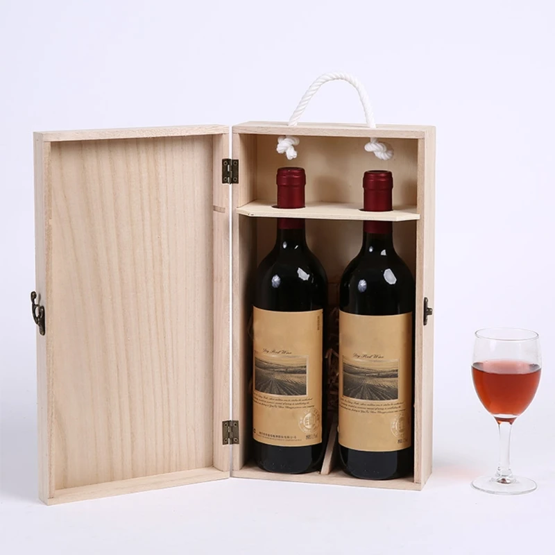 Vintage Red Wine Bottle Wood Box 2 Bottles  Guest Gift Packing  Storage Carrying Display Holder for Wedding Party