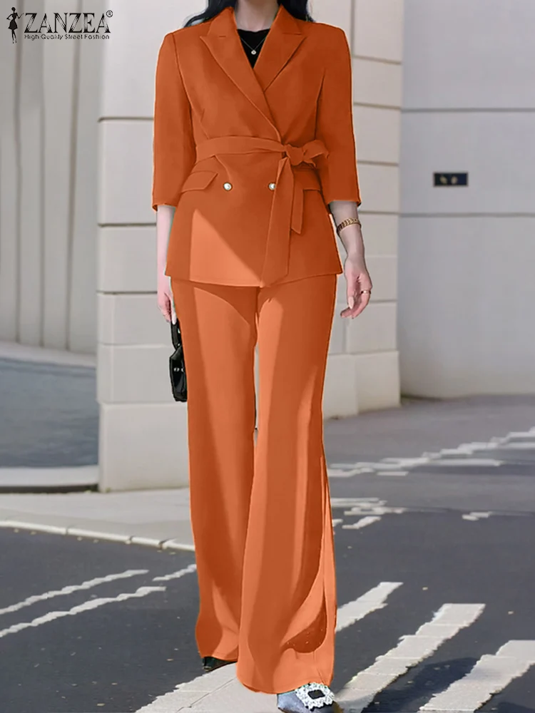 Spring 3/4 Sleeve Tops Wide Leg Pants Sets ZANZEA Fashion Two Piece Sets Outfits Work Tracksuits Elegant Women Blazer Suits 2PCS