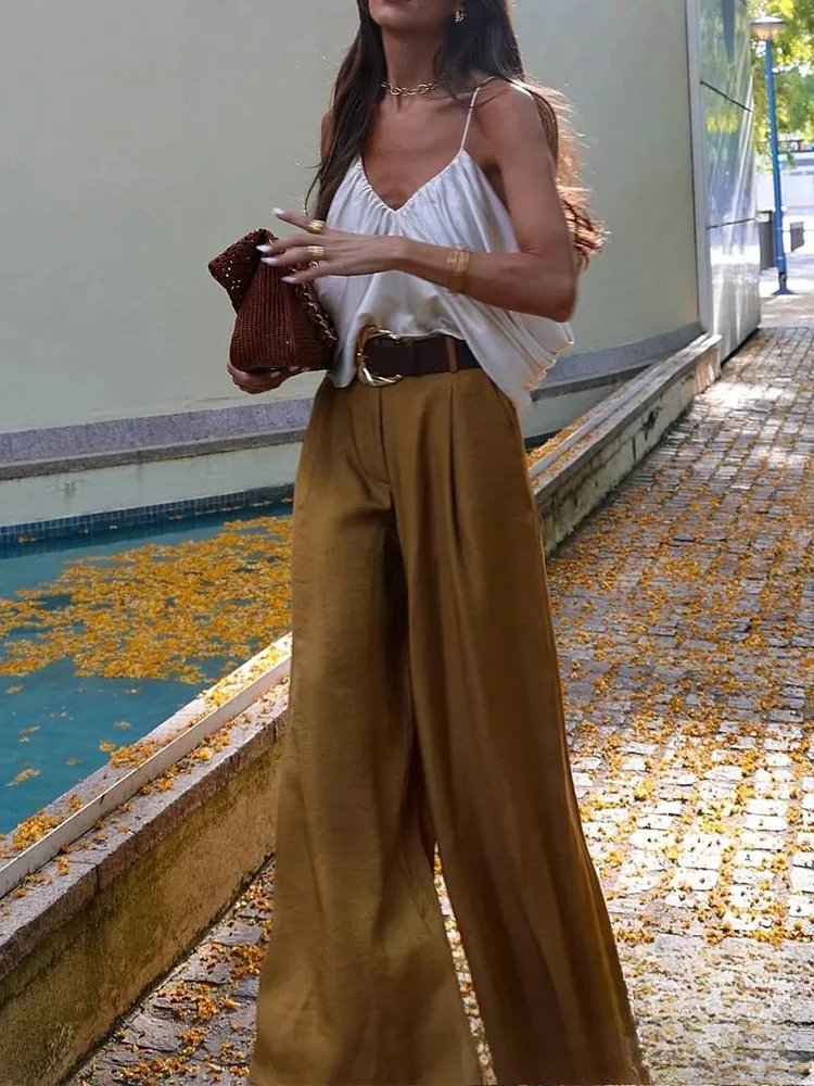 KONDALA عادية شيك الأصفر الساتان النساء الدعاوى الخامس الرقبة أزرار سترة عالية الخصر بنطال ذو قصة أرجل واسعة موضة 2025 الصيف عطلة الدعاوى