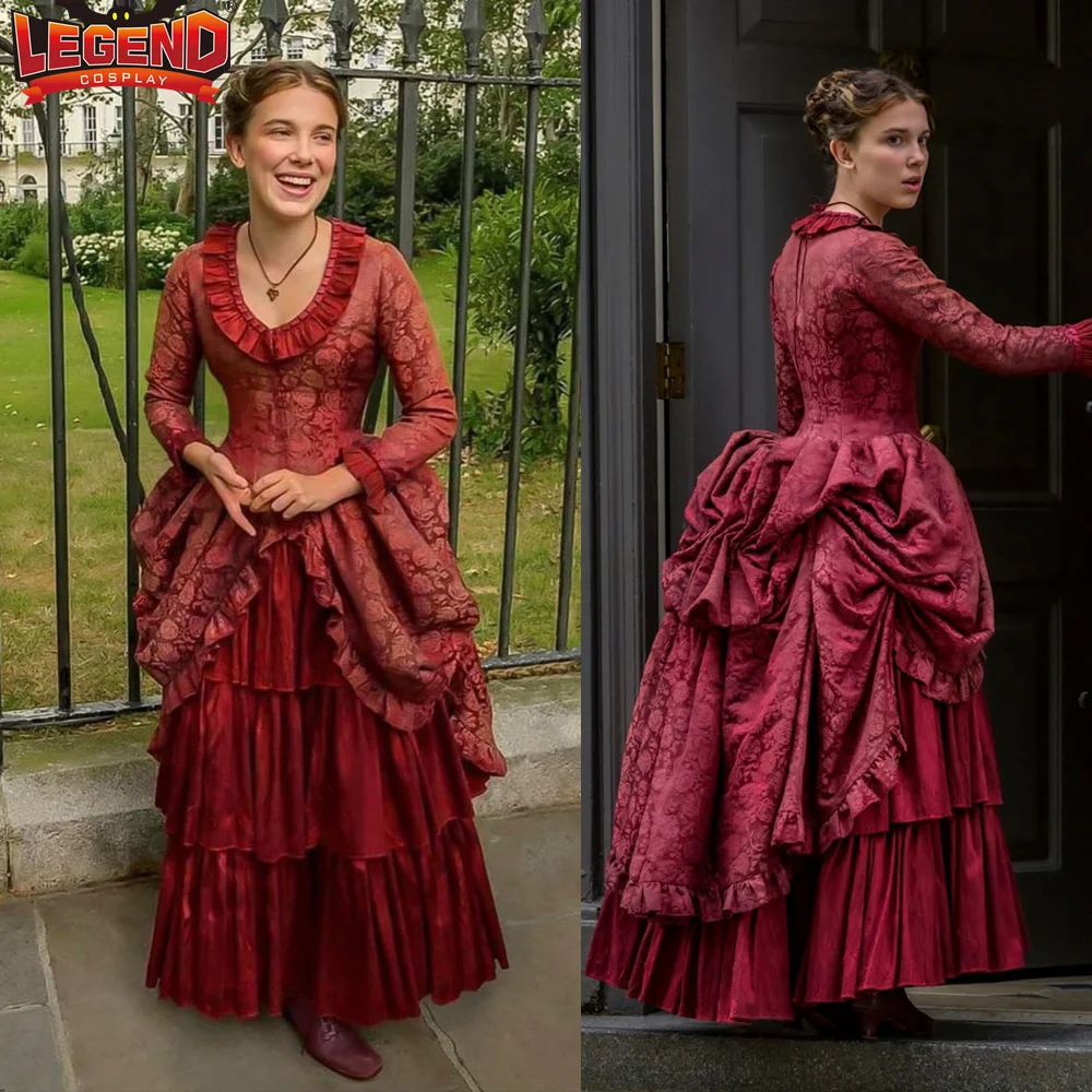 Enola Holmes Cosplay Costume Millie Bobby Brown Enola Holmes Red Dress 1860s Victorian Bustle Ball Gown Dress Custom Made